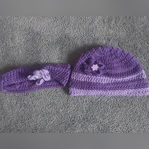 Girls Crocheted Purple Hat And Headband Set